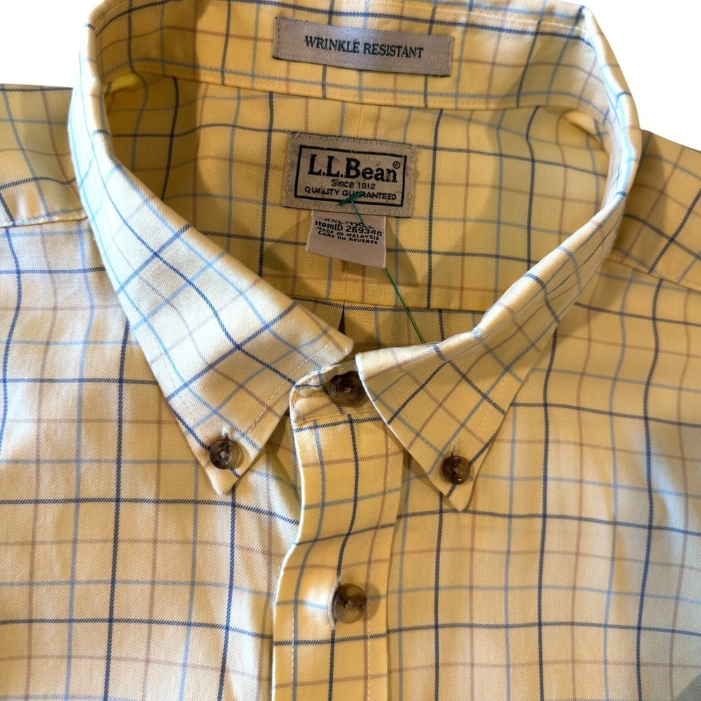 L.L. Bean 2XL Tall Button Down Shirt Short Sleeve Yellow Plaid Wrinkle Resistant - Picture 3 of 9